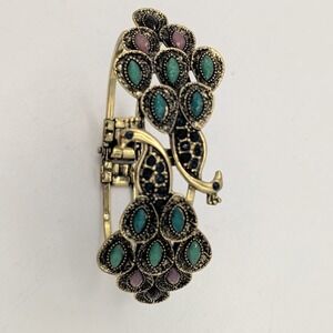 Vintage Style Double Peacock Clamper Bypass Bracelet Gold Tone Rhinestones